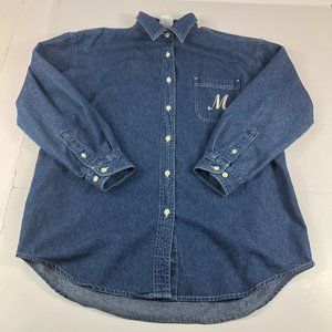 Disney Store Shirt Men's Small Blue Denim Sequin Embroidered Pocket Button Down